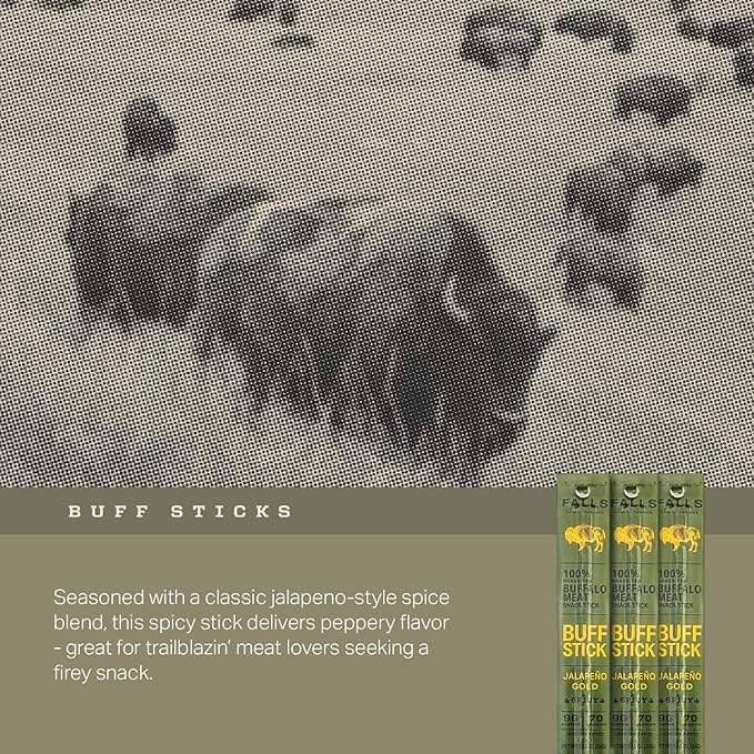 Grass-Fed Buffalo Meat Snack Sticks Jalapeno Gold Spicy by Falls Family Ranches 12 Pack 1.15oz Stick Carton 9g Protein 1g Sugar 70 Calories