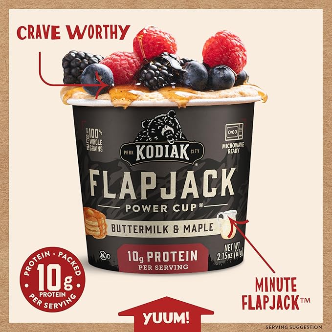 Kodiak Cakes Instant Pancake &amp Flapjack Cups Buttermilk &amp Maple High Protein 100% Whole Grains (Pack of 12)