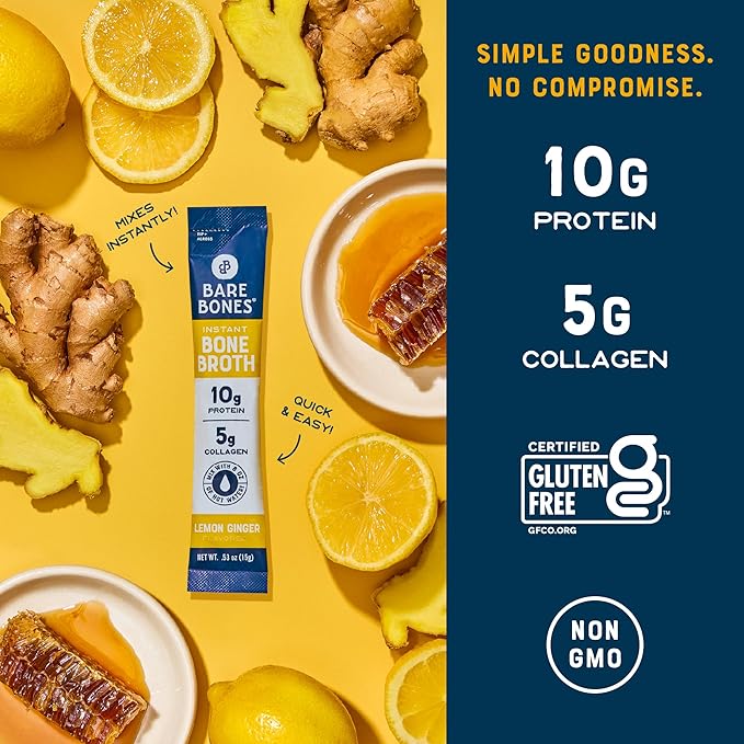 Bare Bones Lemon Ginger Bone Broth Instant Powdered Mix Packets | 5g Collagen | 10g Protein | Keto &amp Paleo Friendly | No Artificial Flavors | Rich Savory on-the-go 16 Pack