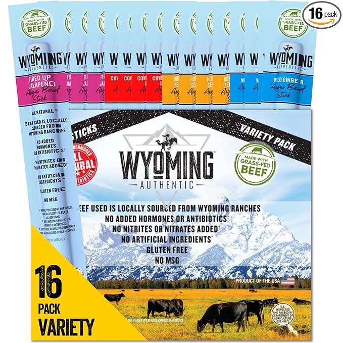 Wyoming All-Natural Grass-Fed Beef Sticks Bulk-Nitrate Free Jerky Meat Stick-No Artificial Ingredients-Clean Tasty Meat Snacks-Angus Beef Sticks Individually Wrapped-16pk