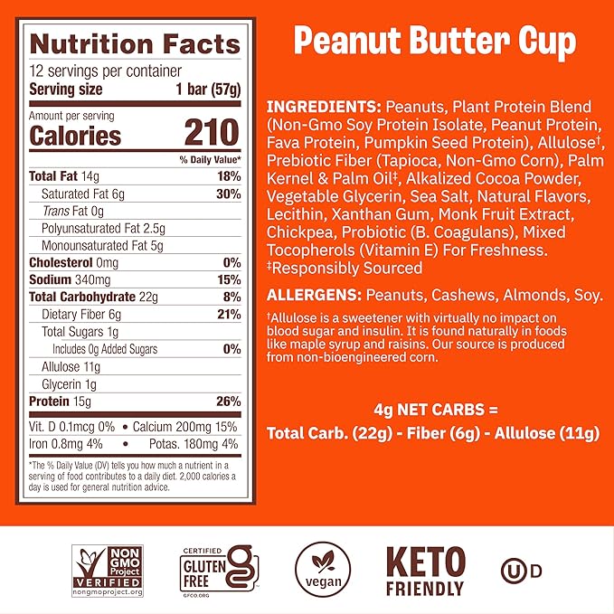 Munk Pack Peanut Butter Cup Probiotic Keto Protein Bars | 15g Plant Protein 1g Sugar 4g Net Carbs | Non-GMO Plant-Based Low Sugar Gluten-Free Snacks | 12 Count