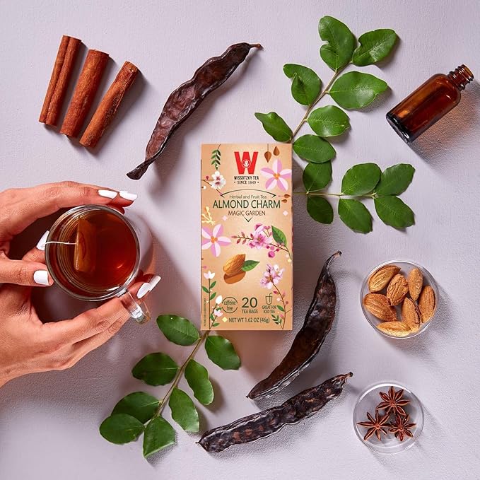 Wissotzky Almond Charm Tea Bags (4 Pack - 20 bags each) Caffeine Free Infused With Premium Fruit &amp Herbal Tea Leaves “AKA Chemdat Hashaked”