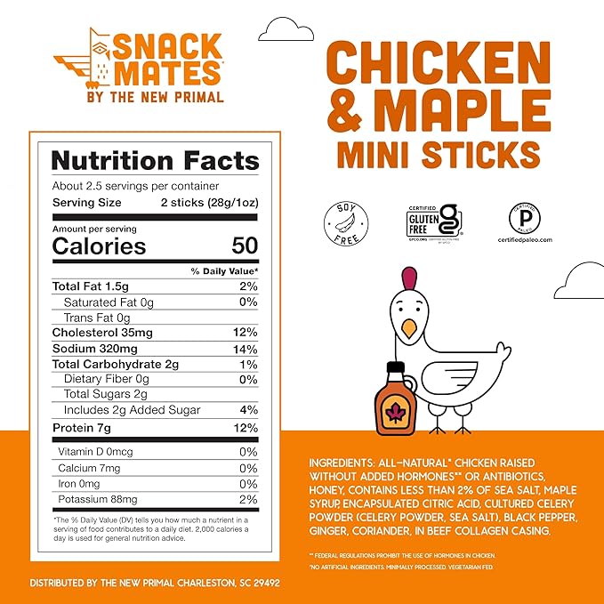 New Primal Snack Mates Chicken &amp Turkey Pack Gluten Free Healthy Snacks for Kids Low Sugar High Protein Kids Snack Mini Paleo Jerky Meat Stick 5 (0.5 oz) Sticks Per Bag 2 Bags 10 Count