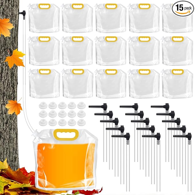 15 Sets Maple Syrup Tapping Kit 15 Tree Taps 15 Collection Bag with Lid (5 L) 15 Silicone Plug 32.8 Ft Tube BPA Free Maple Tree Tapping Kit Supplies for Experts Beginners
