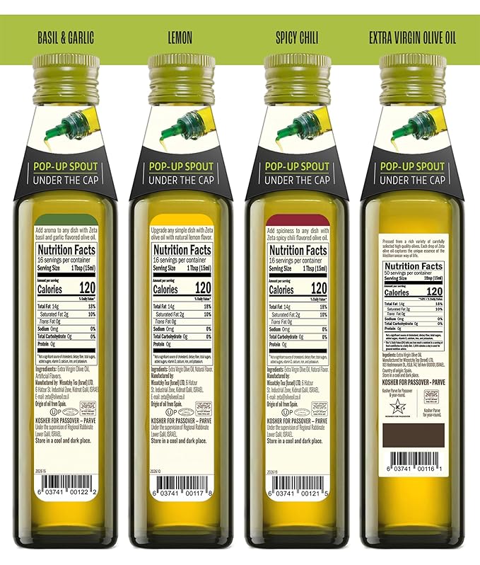 Zeta Extra Virgin Olive Oil Variety Pack 8.5 fl oz (4 Pack) | Basil &amp Garlic Lemon Hot Pepper &amp EVOO | Premium Glass Bottle with Pop-Up Spout | Cold-Pressed | Product of Spain | Ideal for B
