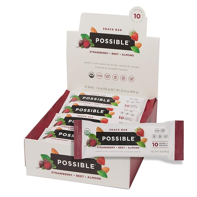POSSIBLE Snack Bar - Whole Food Snack to Support a Healthy &amp Active Lifestyle - 10g of Organic Plant-Based Protein - Energy Support with Healthy Fats - Strawberry Beet Almond 12 Count (Pack of 1)