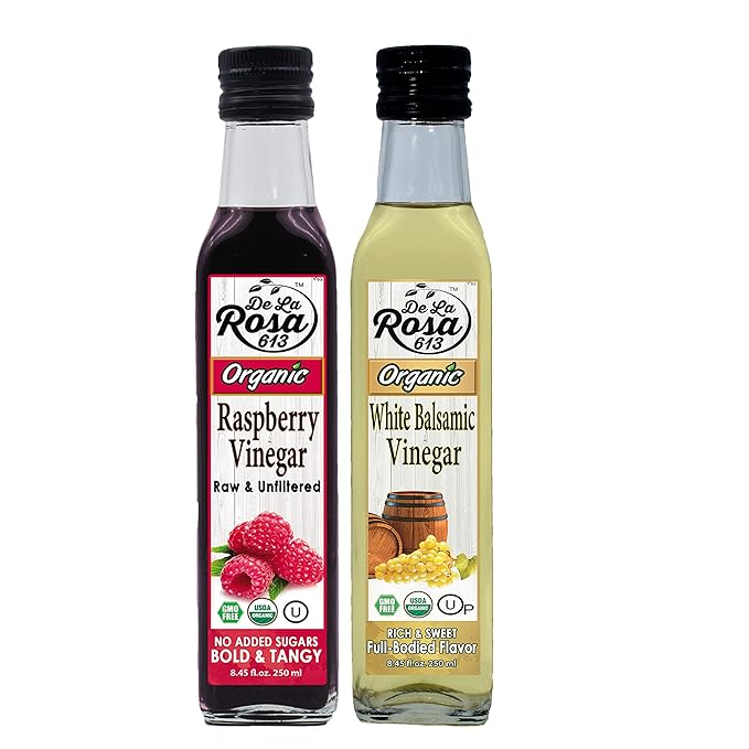 De la Rosa Organic Raspberry &amp White Balsamic Vinegar Vegan Kosher Non-GMO &amp Gluten Free Great for Salad Dressings Marinades &amp More 8.45 Oz (Pack of 2)