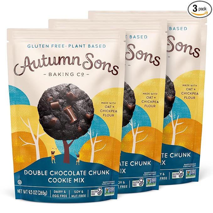 Autumn Sons Baking Co. Gluten Free Double Chocolate Chunk Cookie Mix. Vegan Plant Based Baking Mix. Top 9 Allergen Free. Dairy Free Nut Free Soy Free Non GMO 9.3 oz (Pack of 3)