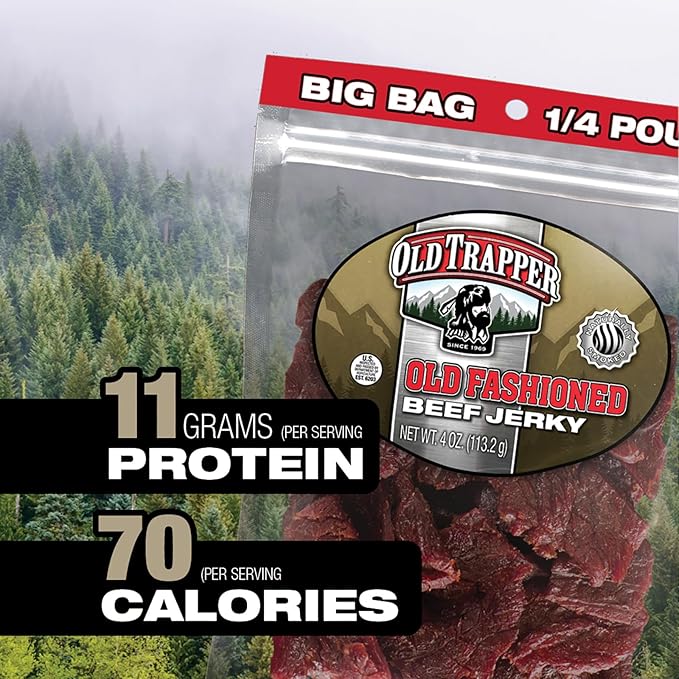 Old Trapper Beef Jerky Old-Fashioned 1/4-Pound Individual Package Tender Meat Snacks for Lunches or Between Meals 11 Grams of Protein Zero Grams of Fat 70 Calories per Serving (Pack of 8)