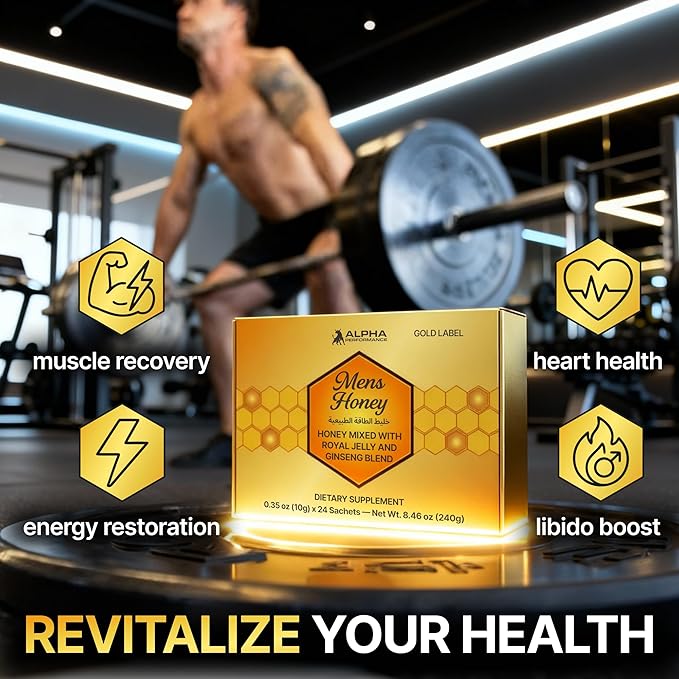 Mens Gold Honey - Royal Jelly Honey for Men Extra Strength Quality Herbal Superfood Mix - Raw &amp Natural Energy &amp Power Supplement No Added Sugar - 24 Individual Packets 10g