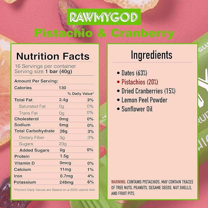 RAWMYGOD Fruit and Nut Bars Gluten Free Vegan No Added Sugar (16 bars Pistachio &amp Cranberry)