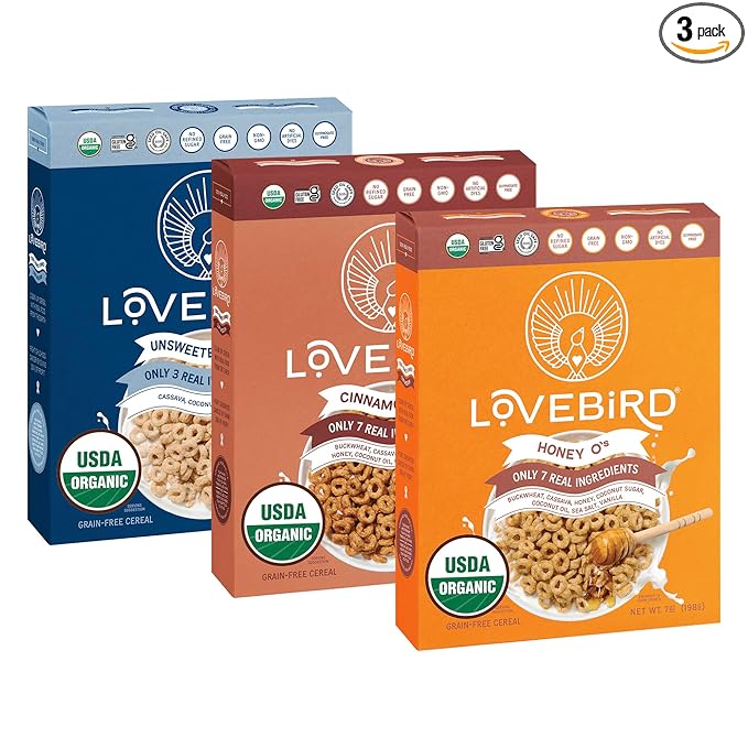 Lovebird Organic Cereal That Actually Tastes Good - 100% Real Food &amp Healthy Gluten Free Cereal No Refined Sugar Paleo Keto Friendly Healthy Snacks for Kids Adults - Variety 3-Pack