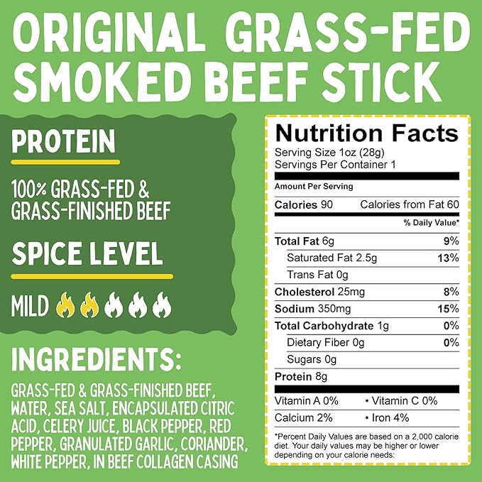 No Sugar Variety 100% Grass-fed/finished Non-GMO Beef Sticks. No Added Nitrates Gluten Soy MSG Dairy or Nuts. Keto Whole &amp Paleo. (8 Original 8 Chimichurri 8 Jalapeno 24-Cnt 1-oz Sticks