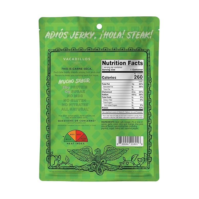 Vacadillos - High Protein Carne Seca Bites | 28g Protein Sugar Free Carbs Free Gluten Free Dairy Free Keto &amp Paleo Friendly | Mexican Inspired Beef Jerky Snack | Chile Lime Pack Of 4