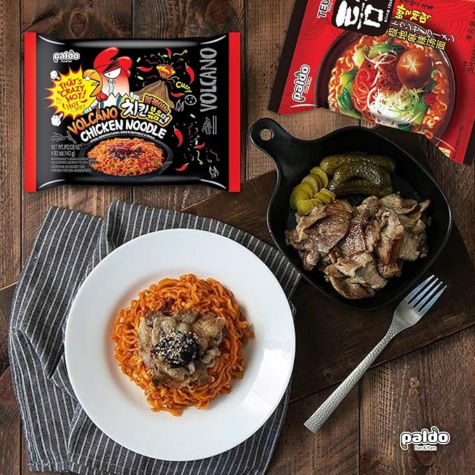 Paldo Fun &amp Yum Extremely Hot Spicy Noodles Set 4 Pack of Volcano Chicken &amp 5 Pack of Teumsae Ramen with 10 Disposable Chopsticks Spicy Noodles Challenge Most Loved Korean Ramyun 볼케이노 치킨볶음면