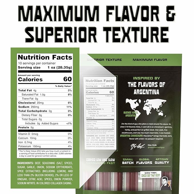 MaxJerky Argentina Chimichurri Beef Sticks – Herb-Seasoned Gourmet Jerky Snack – High Protein Low Calorie Gluten Free Snack - 10 Ounces