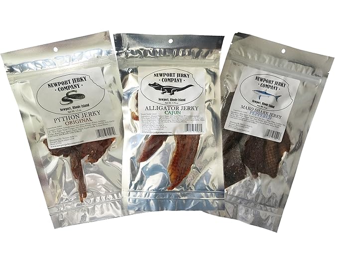 Newport Jerky Company Jerky Combo Packs (Predator Pack) 1 ALLIGATOR JERKY 1 PYTHON JERKY 1 MAKO JERKY