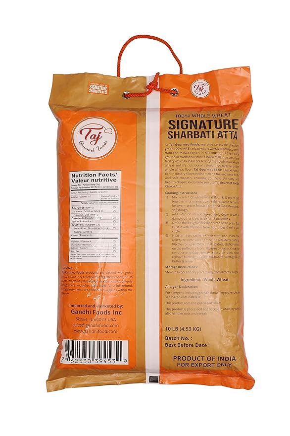 TAJ Signature Sharbati Atta 10lbs (Chakki Atta - Stone Ground) 100% Whole Wheat Flour Chappati Flour