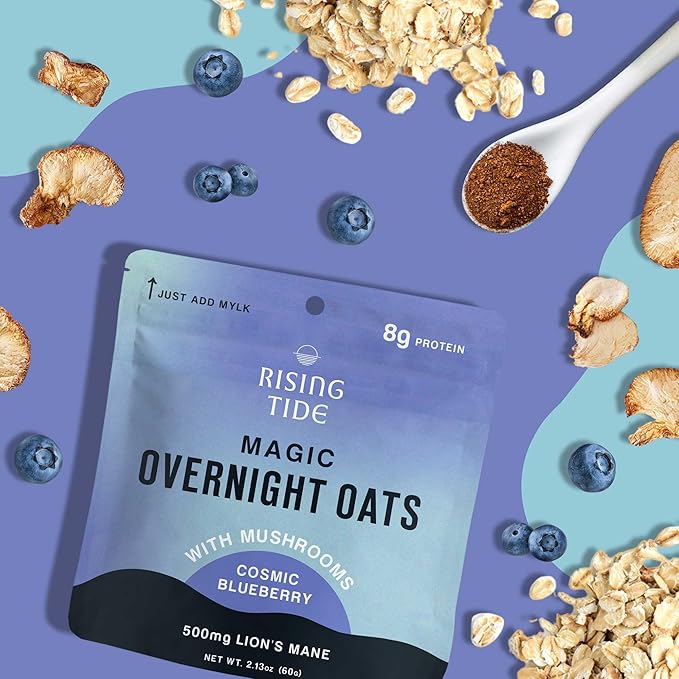 Mushroom Overnight Oats (6 Pack) Superfood Lions Mane Mushroom Chia &amp Flax Seed - Organic Protein Oatmeal - High Fiber Vegan Gluten Free Low Sugar - Easy Prep Plant Protein - Blueberry