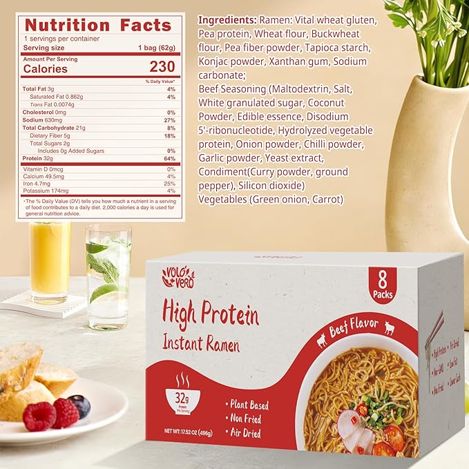 VOLO VERO High Protein (32g) Instant Ramen Noodles “Spicy Beef” Flavor Soup 8 Pack Plant-Based Low Carb Air-Dried Non-Fried Egg-Free Ready to Eat Dairy Free Healthy Meal