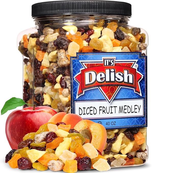 Dried Mixed Fruit Dices Medley - by Its Delish 40 OZ Jumbo Container | Healthy Snacks for Adults Kids &amp Pets | Fresh Cut Snack Mix Dry Fruit and Berries Trail Mix | Nut &amp Gluten Free Vegan