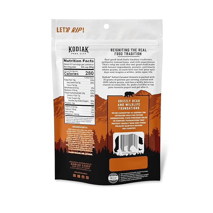 Kodiak Cakes Granola Salted Caramel High Protein 100% Whole Grains (Pack of 5 pouches)