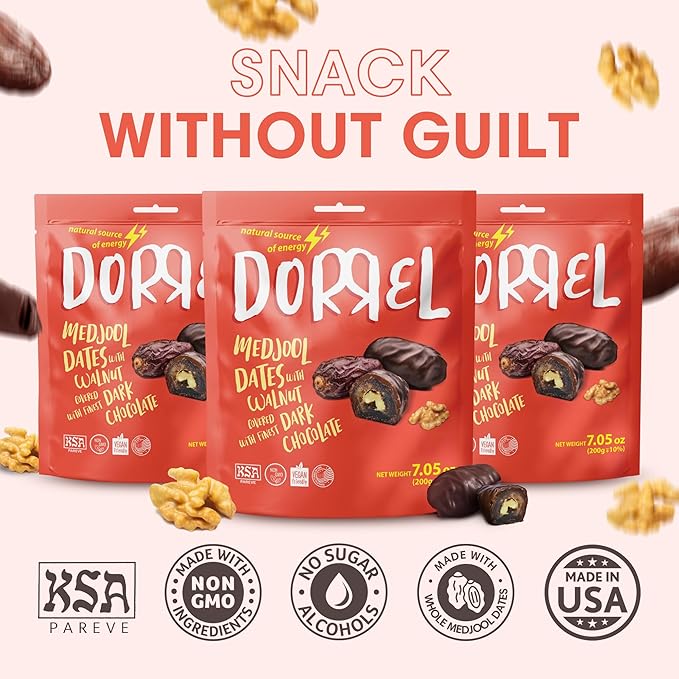 DORREL - Belgian Dark Chocolate Covered Dates (Medjool) with Walnuts Stuffing High Energy Vegan Choco Snack Delicious Kosher &amp Non-GMO Pack of 3 Stuffed Chocolate Dates 7.05 oz / 200 g Ea