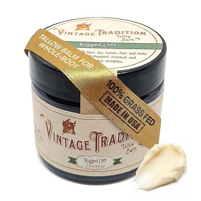 Vintage Tradition Beef Tallow All Purpose Balm - Healing Hydrating Musk Skin Care Salve Replaces Body Lotion Hand Cream More - Essential Oil Olive Oil and Grass-Fed Tallow 2 fl. oz.