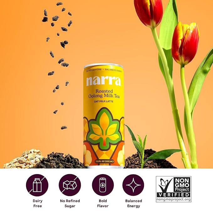 Narra Oat Milk Tea Latte (12 Pack) - Roasted Oolong Tea Hojicha Smooth Balanced Energy from Tea (50–60mg Caffeine + L-Theanine) Organic Oat Milk MCT Oil Dairy Free No Refined Sugar Non-GMO