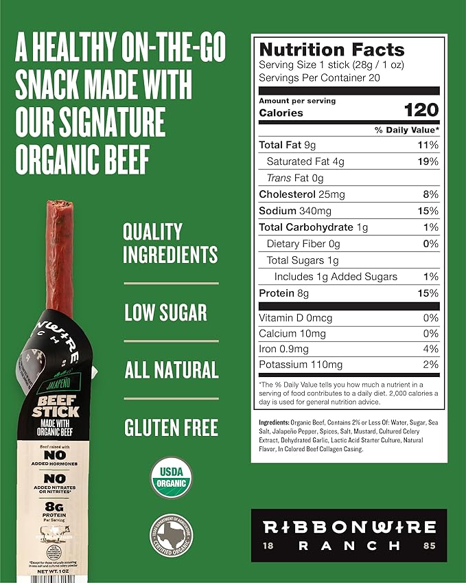 Ribbonwire Ranch Beef Sticks Made with Organic Beef Pasture Raised High Protein Snack Healthy Low Carb Keto Friendly Gluten Free Nitrate Free On the Go 1 Oz Sticks Jalapeno 20 Pack