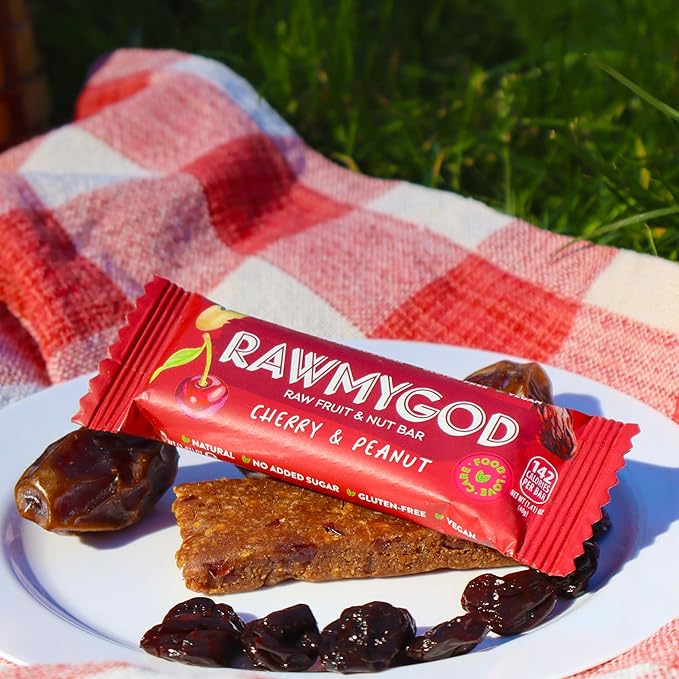 RAWMYGOD Fruit and Nut Bars Gluten Free Vegan No Added Sugar (16 bars Cherry &amp Peanut)