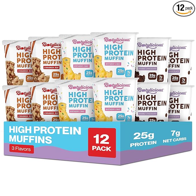 Bootylicious | 25g Protein Muffin | Best Sellers | Low Carb 16g-18g Fiber Low Glycimic Index Low Sugar 2.32-2.75oz Cup 12-Pack