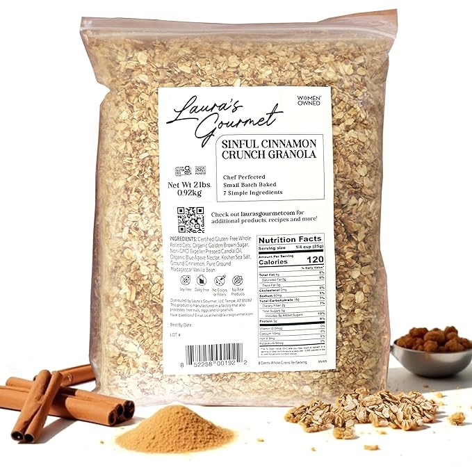 Laura's Gourmet Granola - Sinful Cinnamon Crunch - Gluten Soy &amp Dairy Free - Organic Agave Cinnamon &amp Pure Ground Vanilla Vegan Artisan Chef's Trifecta of Taste Texture &amp Mouthfeel -