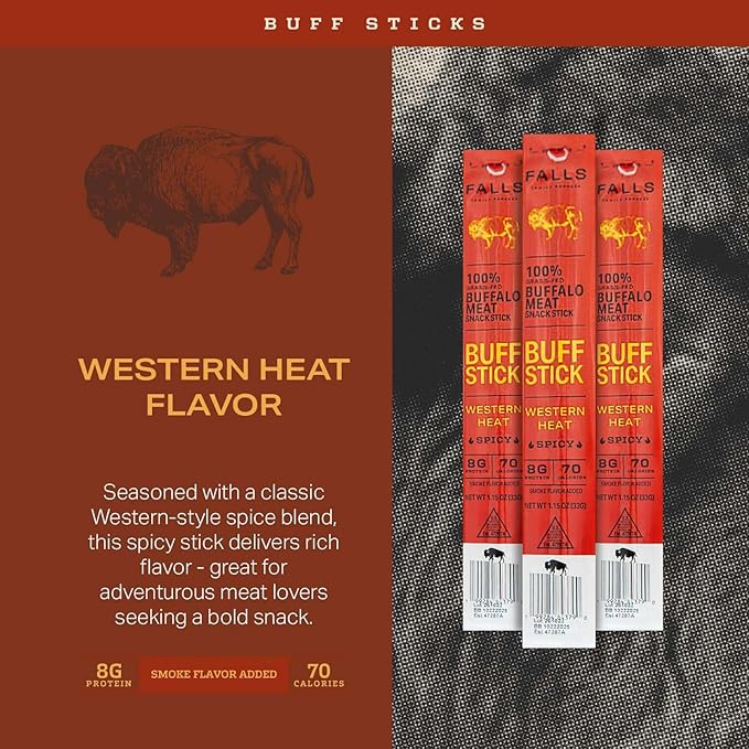 Grass-Fed Buffalo Meat Snack Sticks Western Heat Spicy by Falls Family Ranches 12 Pack 1.15oz Stick Carton 8g Protein 0g Sugar 70 Calories