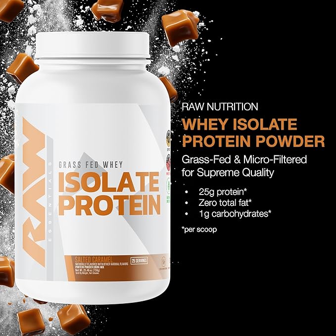 RAW Whey Isolate Protein Powder Salted Caramel - 100% Grass-Fed Sports Nutrition Whey Protein Powder for Muscle Growth &amp Recovery - Low-Fat Low Carb Naturally Flavored &amp Sweetened - 25 Serv