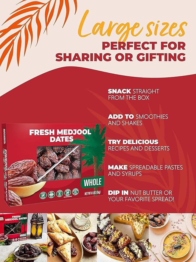 Natural Delights Medjool Dates Whole - Non-GMO Verified Fruit Good Source of Fiber &amp Potassium Naturally Sweet Snack for On-the-Go Large &amp Plump Dates - Bulk 11 lb Box (Pack of 2)