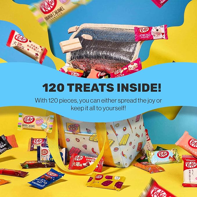Sugoi Mart Japanese Kitkat Variety Pack - 100 Pcs Mini Kitkats Individually Wrapped Japanese Chocolate Wafer Bars 7-9 Assorted Flavors with Stylish Reusable Cooler Bag