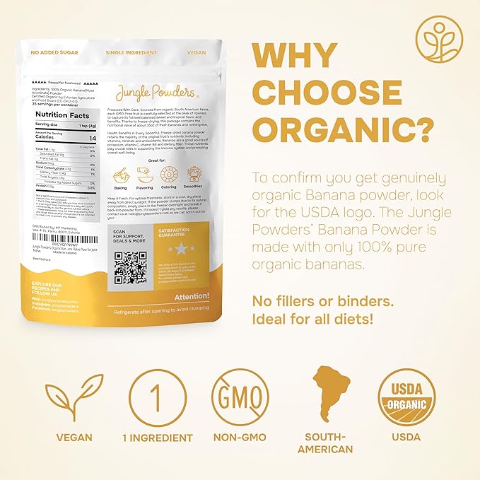 Jungle Powders Organic Banana Powder for Smoothies 5 Ounce Bag Freeze Dried Banana Powder Extract for Baking Flavoring Flakes Flour for Juice