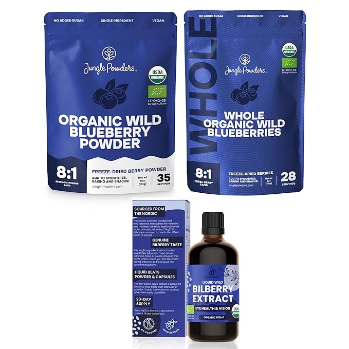 Jungle Powders Organic Freeze Dried Whole Blueberries 4oz Wild Blueberry Powder 5oz &amp USDA Bilberry Liquid Extract 3.4oz – Antioxidant Superfood for Smoothies Baking &amp Eye Health Support