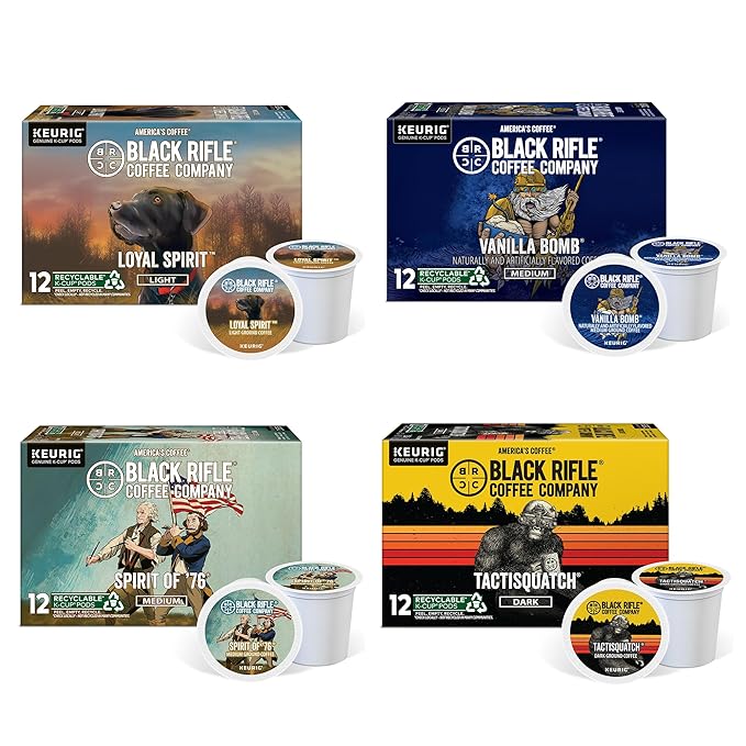 Black Rifle Coffee Flavored Variety 48 Pods - Loyal Spirit (Light Roast) Vanilla Bomb &amp Spirit of 76' (Medium Roast) Tactisquatch (Dark Roast) - K Cups Coffee Variety Pack