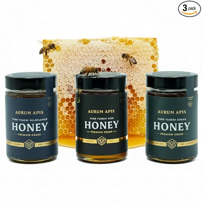 Aurum Apis Raw Yemeni Honey Gift Box – Authentic Sidr Sumar &amp Wildflower Honey | 100% Raw Unfiltered Hand-Harvested Non-GMO Smooth Texture &amp Rich Aroma (Pack of 3) – Each 330g Honey Jar
