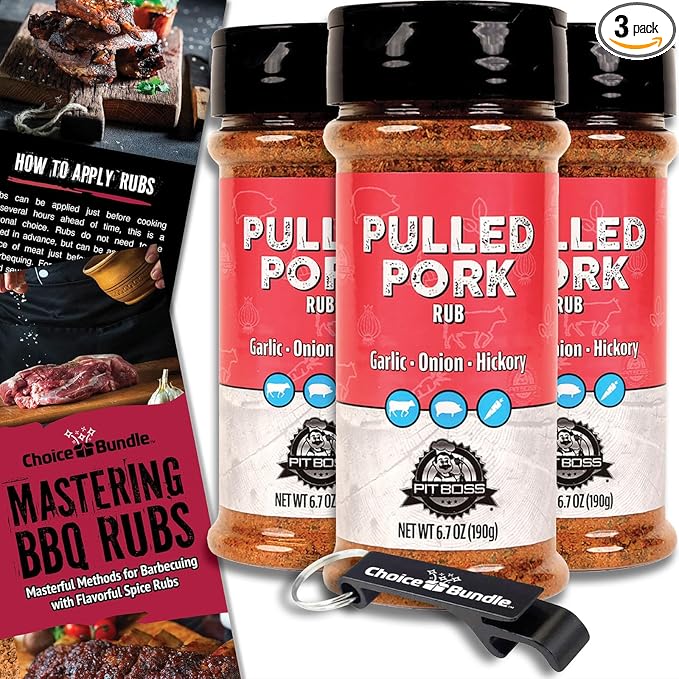 Pit Boss Pulled Pork Premium BBQ Barbecue Mixed Seasoning Spice &amp Rub 3 pk Choice Bundle (20.1 oz) + Guide &amp Keychain Bottle Opener (5 Items)!