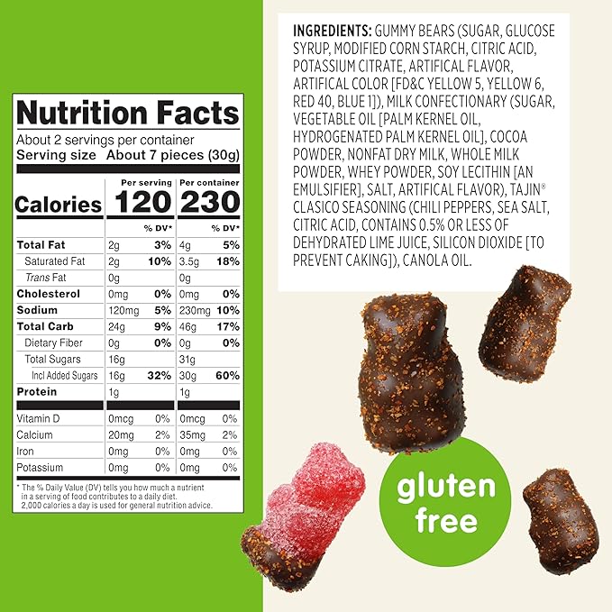 Snak Club Tajin Chocolatey Gummy Bears Assorted Chocolate Covered Fruit Candy Gummies with Chili and Lime Seasoning Mild Gluten-Free Snacks 2 oz Snack Bags 12 Pack