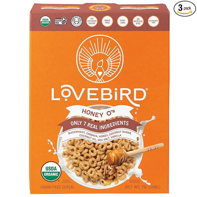 Lovebird Organic Cereal That Actually Tastes Good - 100% Real Food &amp Healthy Gluten Free Cereal No Refined Sugar Paleo Keto Friendly Healthy Snacks for Kids Adults - Honey 3-Pack