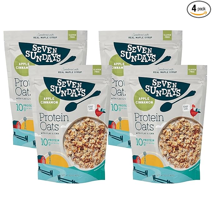 Seven Sundays Protein Oats Apple Cinnamon 32 Oz Bag (Pack of 4) Gluten Free Oatmeal 10g Upcycled Protein Enjoy Warm Cool or as Overnight Oats