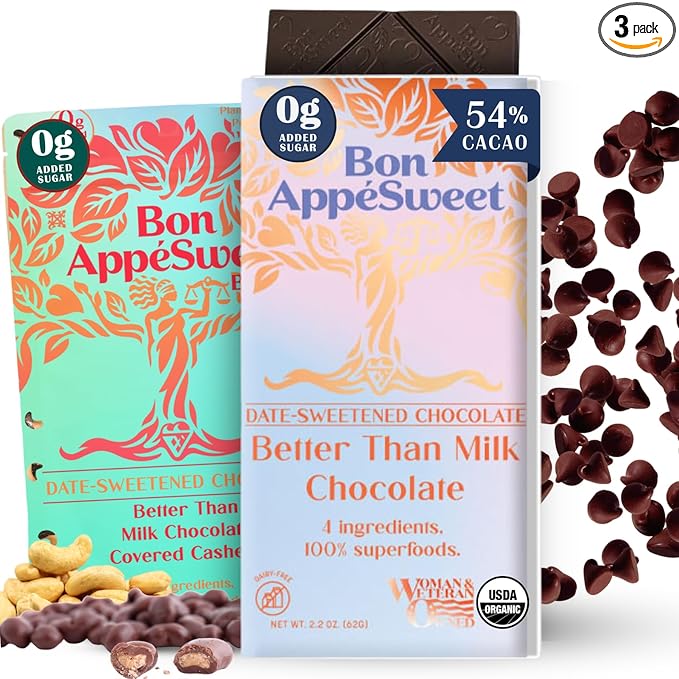 Bon Appesweet Date Sweetened Chocolate | Better Than Milk Chocolate Bar Chocolate Chip and Covered Cashews | Variety (Pack of 3) | Zero Added Sugar 54% Cacao Plant Based Dairy and Guilt Free!