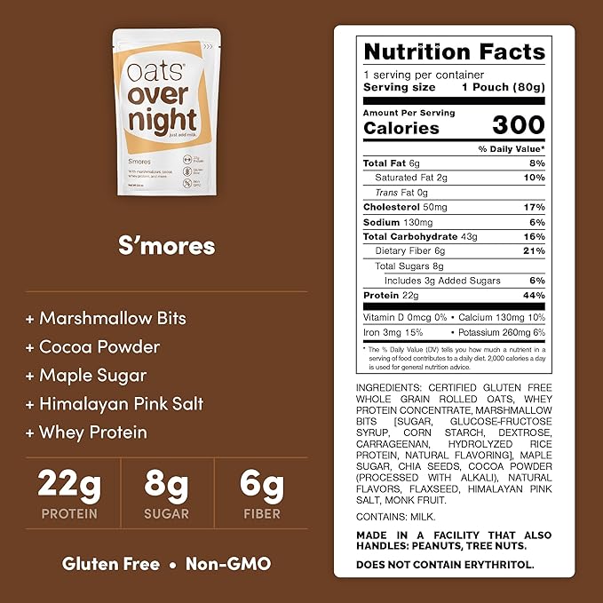 Oats Overnight Smores 8 Pack &amp Chocolate Chip Cookie Dough 8 Pack - 20g Protein High Fiber Breakfast Shake - Gluten Free Non GMO Oatmeal