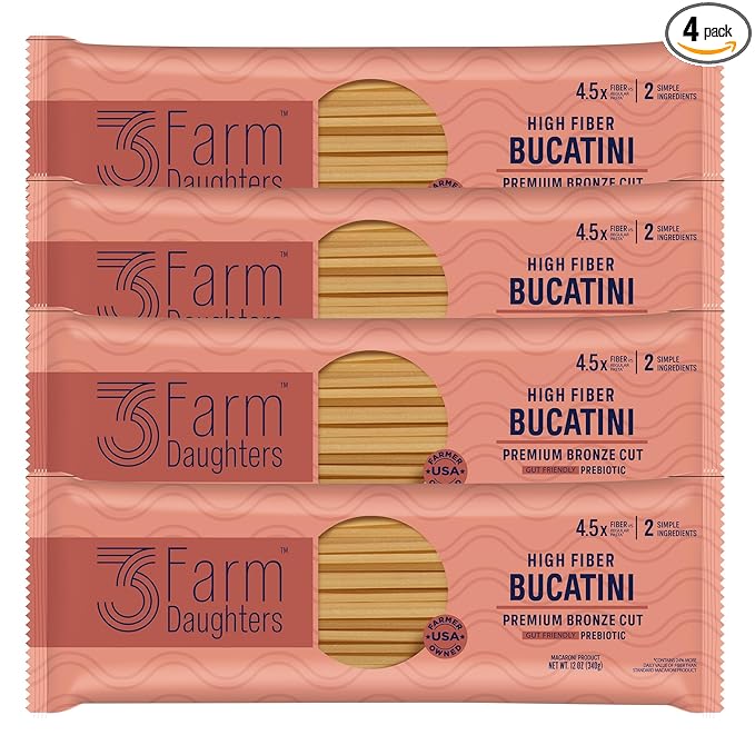 Three Farm Daughters High Fiber Pasta Bucatini Pack Irresistible Low GI Non GMO Bucatini Pasta Noodles Low Net Carb Made in the USA from Just 2 Simple Ingredients 12 oz. (4 Pack)