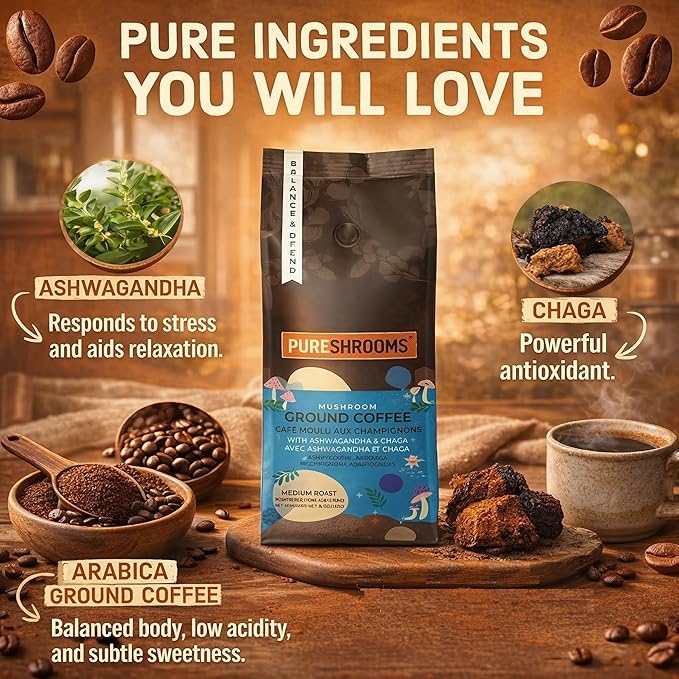 Mushroom Ground Coffee with Organic Ashwagandha Chaga L-theanine - Medium Roast 100% Arabica Beans - Adaptogenic Support for Balance &amp Immunity - (12 oz/340g)