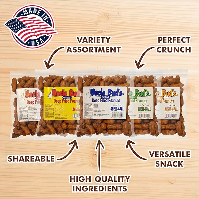 Uncle Bud's Deep Fried Peanuts In Shell (5 Pack) Peanuts Individual Packs: Salted Cajun Garlic Hot Old Bay Bacon BBQ Crunchy Flavored Peanut Variety Pack Spicy Peanuts Hot Peanuts In Shell